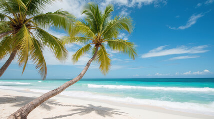 Serene beach scene featuring palm trees swaying gently in breeze, with clear turquoise waters and bright blue sky