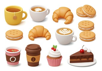 3d collection features delightful cartoon illustrations of coffee, tea, cakes, cupcakes, and other sweet desserts, perfect for food and drink-themed designs