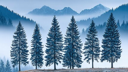 Fototapeta premium Misty mountain range with a row of evergreen trees.