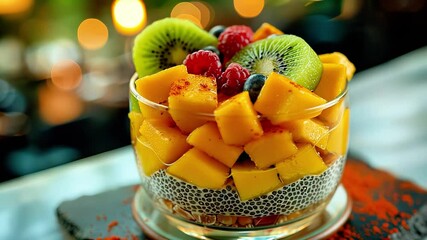 Colorful fruit salad in a glass bowl featuring mango, kiwi, raspberries, and blueberries, garnished with chia seeds, showcasing vibrant textures and fresh ingredients