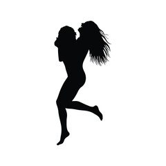 Silhouettes of a woman and a girl with one joyfully jumping in artistic black form