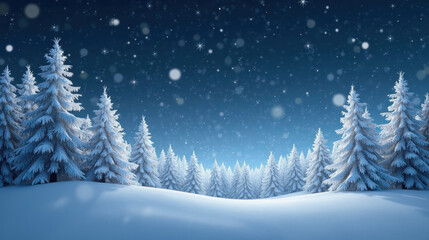 Naklejka premium Serene winter landscape featuring snow covered trees under starry night sky, creating peaceful and magical atmosphere