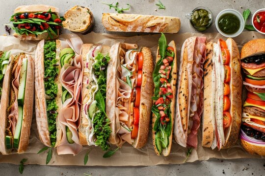 Variety of delicious submarine sandwiches with fresh vegetables, meat and cheese on baking paper filling a table, seen from above