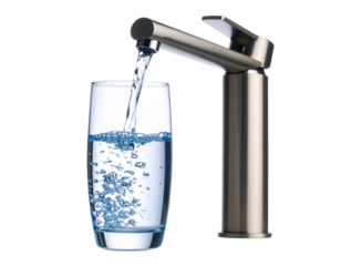 A modern silver faucet pouring clear water into a transparent glass, filling it with bubbling fresh water.