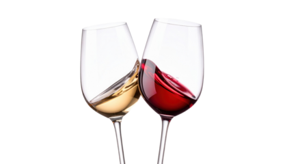 Two wine glasses, one filled with white wine and the other with red wine, tilted towards each other.