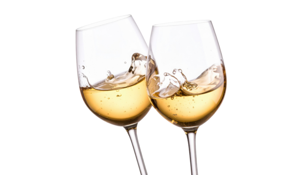 Two wine glasses clinking, filled with swirling white wine creating splash effects inside the glasses.
