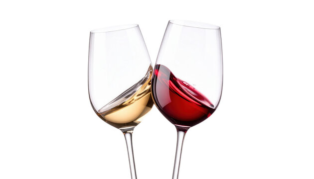 Two wine glasses, one filled with white wine and the other with red wine, tilted towards each other.