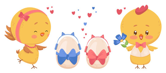 Young happy chicken family dad, mom, kids in shell. Vector anthropomorphic hen and cockerel in clothes with kids-eggs of different genders in headphones. Family happiness design and atmosphere of love