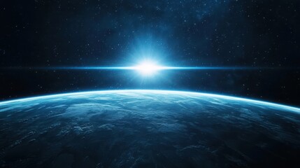 Fototapeta premium Bright blue light ray bursting from behind planet horizon, casting dramatic lens flare and glowing streaks into the void