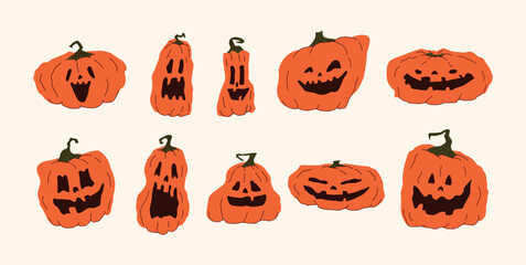 Set of Creepy and Funny Jack o Lantern Pumpkin Faces. Halloween Emotion Expressions. Scary, Angry, Smiling, Laughing Carved Pumpkins. Flat Graphic Vector Illustration. Isolated on White Background