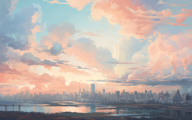 Fototapeta premium City skyline at sunset with pink and blue clouds over a body of water
