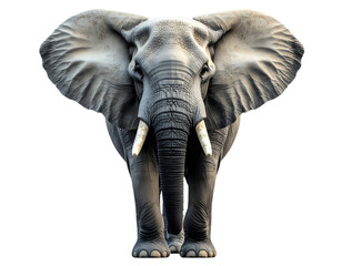 Fototapeta premium Realistic digital illustration of elephant facing forward, showcasing detailed textures of its skin, large ears, tusks, and trunk, with neutral background