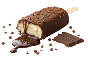 Chocolate coated ice cream bar with bite revealing PNG Image