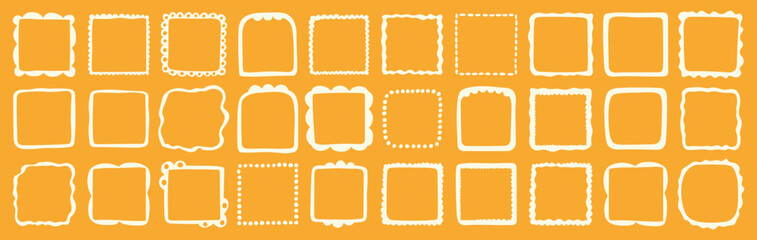 A set of hand-drawn square frames on a brown background. Decorative vector borders and doodle frames for scrapbooking, invitations, greeting cards, posters, photo albums, and design projects.