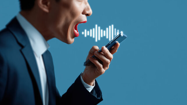 Person in suit passionately speaks into smartphone, with digital voice command sound wave visualized above device