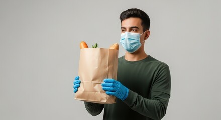 Young Man Wearing Blue Medical Mask and Gloves Holding Brown Paper Grocery Bag on Light Background
