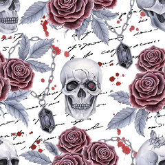 Seamless pattern with roses and skulls on a background of handwritten text and splashes. Watercolor illustration in gray, black and red tones. For fabric, wrapping paper, textiles, covers.