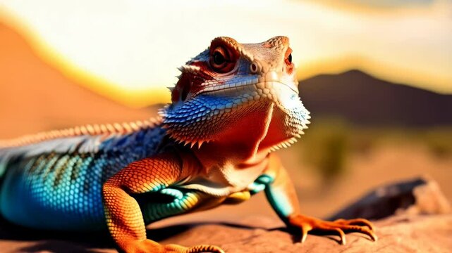 Close-up colorful Bearded Dragon reptile with spiky scales and vibrant colors basking on desert rock in warm sunlight