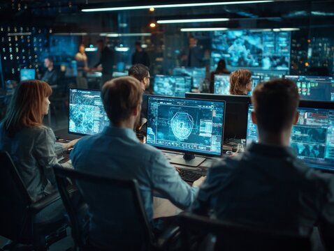 Group of people working on computers. Cybersecurity training in hightech office environment. Colleagues collaborate with holographic displays showing security concepts. Tech, generated image
