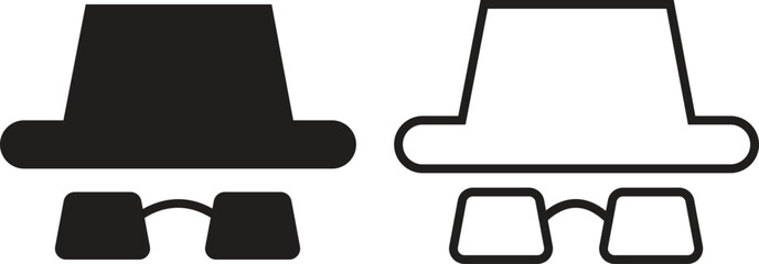 Set of spyware icons spy with hat symbol trendy black flat, line styles. Hide vectors. Comedian pictogram. Incognito mood illustration private silhouette collection isolated on transparent background.