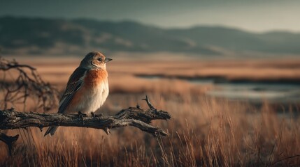 A small bird perched on the branch of an old tree, overlooking the vastness and beauty of the natural wetland scenery. The backdrop features distant mountains, flat land covered with tall grasses.