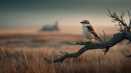 A beautiful photograph of a reddish-brown sparrow-like bird perched on a branch in the middle of tall grass, with a distant farmhouse visible in the background.