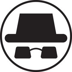 Spyware icon spy with hat symbol in trendy black flat style. Hide vector. Comedian pictogram. Incognito mood illustration private silhouette sign isolated on transparent background.