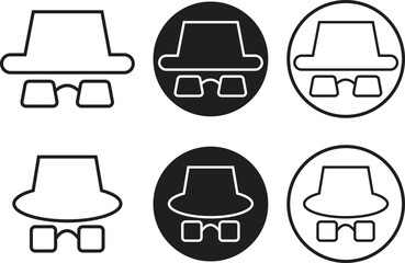 Set of spyware icons spy with hat symbols in trendy black line styles. Hide vectors. Comedian pictogram. Incognito mood illustration private silhouette collection isolated on transparent background.
