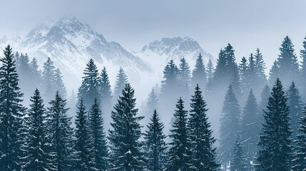 Snowy mountain peaks and a tranquil forest.