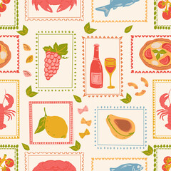 Summer mediterranean doodle stamps seamless pattern.  Hand drawn pizza, lemon, tomato, fish, crab, lobster, wine, avocado, grapes. Retro background for wallpaper, fabric, wrapping paper.