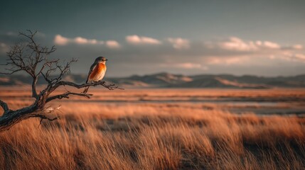 A lone bird perched on the branch of an old tree, overlooking vast flat grasslands under a dramatic sky. 