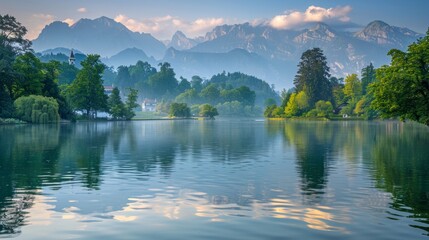 Obraz premium Serene sunrise over tranquil river with mist floating above majestic mountain peaks
