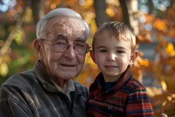 Grandfather and grandson are enjoying a beautiful autumn day together, surrounded by colorful foliage