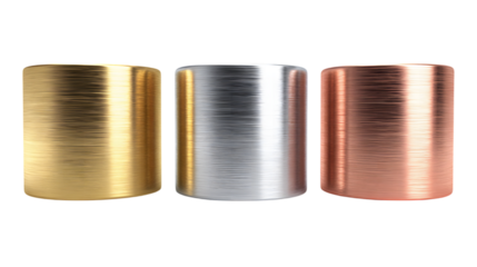 Photo of three metallic cylinders in gold, silver, and copper colors, isolated on transparent background