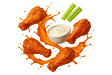 Spicy chicken drumsticks, celery, and dip, isolated on transparent background.