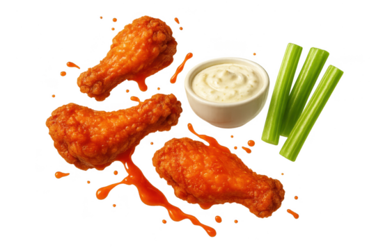 Spicy buffalo drumettes with ranch and celery isolated on clear background.