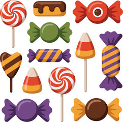 Collection of colorful halloween candies and lollipops