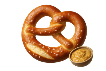 Delicious baked pretzel with savory mustard isolated on transparent background