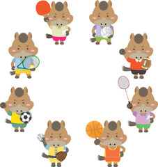 Obraz premium Circle Frame of Cute Zodiac Horses Playing Ball Sports Only