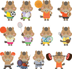 いろいろなスポーツに挑戦する馬のキャラクターたち（干支・午年・運動イラスト）