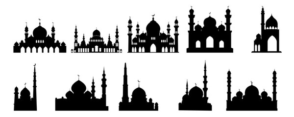 Fototapeta premium Set of islamic mosque silhouettes. Mosques and minarets with crescents. Vector illustration