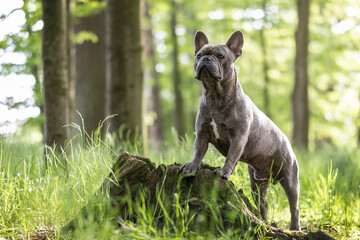 French bulldog standing on a tree stump in the forest