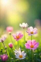 Obraz premium Serene Pastel Flowers Swaying in a Sunlit Meadow Dreamy Springtime Image