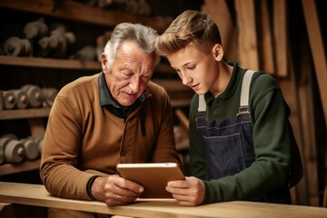 Senior carpenter and young apprentice using digital tablet in a traditional woodworking workshop