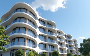 Fototapeta premium Modern apartment building exterior concept. Modern building with unique curved architecture under a bright blue sky.