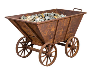 A classic wooden mining ore cart, isolated on white, used for transporting minerals or materials in a historical context.