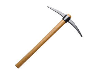 A traditional pickaxe with a wooden handle, isolated on a white background, a common tool for mining, digging, or construction.
