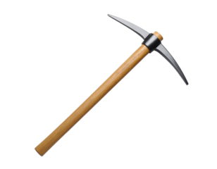 A traditional pickaxe with a wooden handle, isolated on a white background, a common tool for mining, digging, or construction.