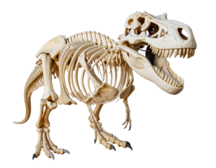A complete Tyrannosaurus Rex fossil skeleton, isolated on a white background, a powerful symbol of dinosaurs and prehistoric life.