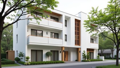 Modern apartment building exterior concept. Contemporary building with modern architecture surrounded by greenery.